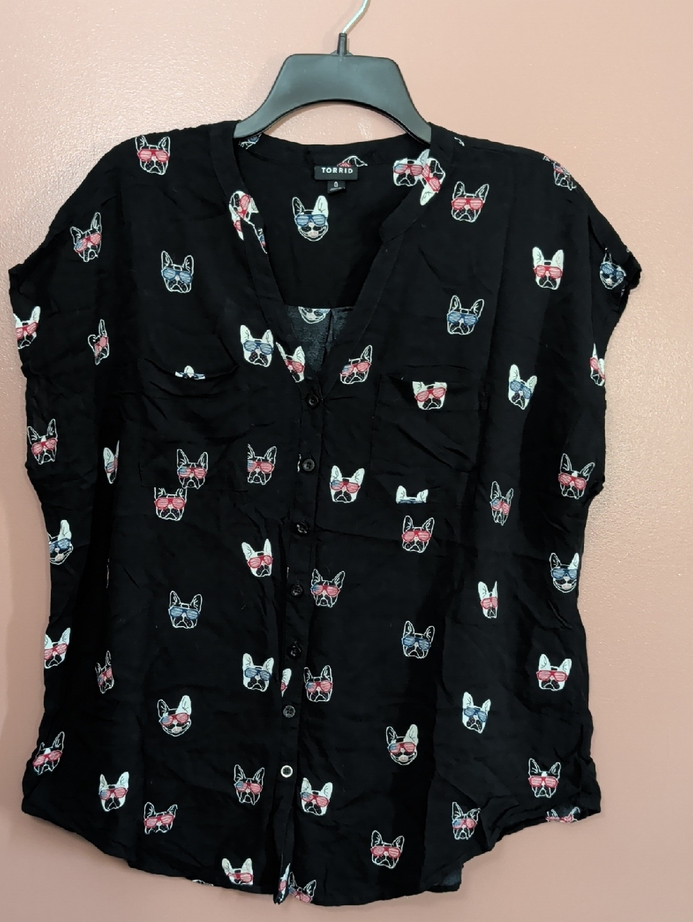 torrid Black Short Sleeve Button Front Top with Pink & White Bulldog Faces